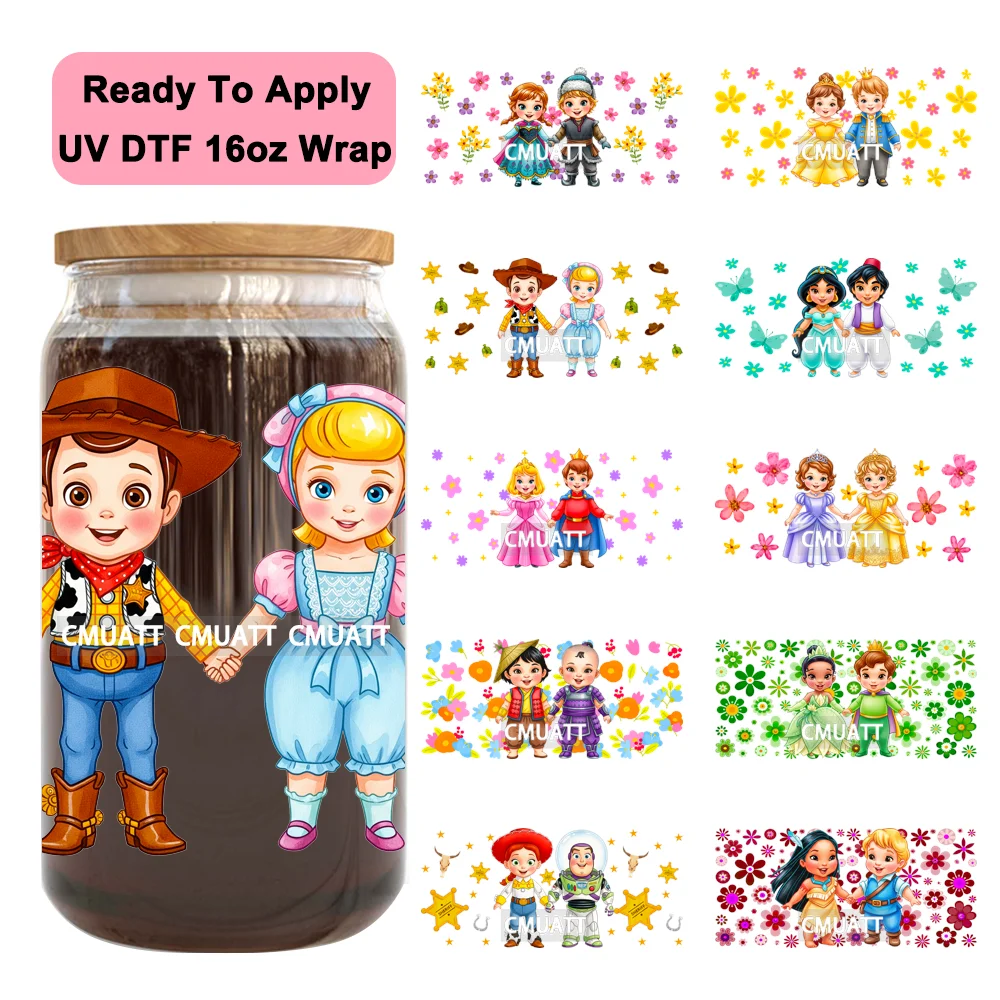 

Cartoon Little Prince And Princess Flower 16OZ UV DTF Cup Wraps Ready To Apply Waterproof Transfer Stickers For Libbey Glass Can