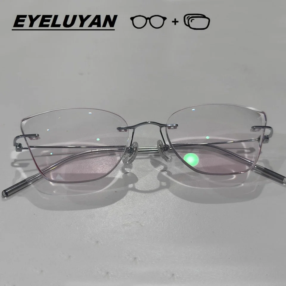 EYELUYAN Mode Cat Eye Brille Mode Randlose Brillen Reinem Titan Rahmen Optische Brillen Mit Dioptrien