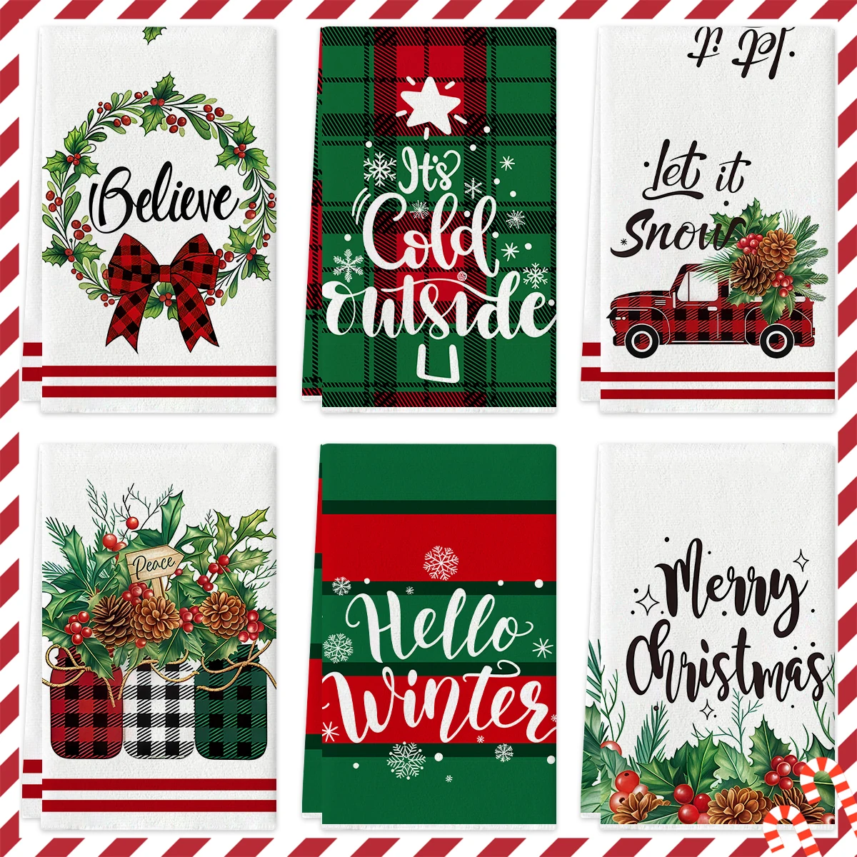 4/6pcs Christmas Kitchen Towels, Christmas Red Buffalo Checkered Pinecone Pattern Dishcloths, Soft and Comfortable