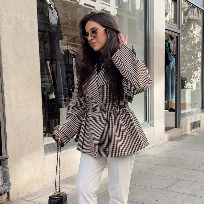 YENKYE Double-breasted Plaid Trench Coat  Women Lapel Collar Drawstring Waist Autumn Winter Warm Outerwear Vintage Outfits