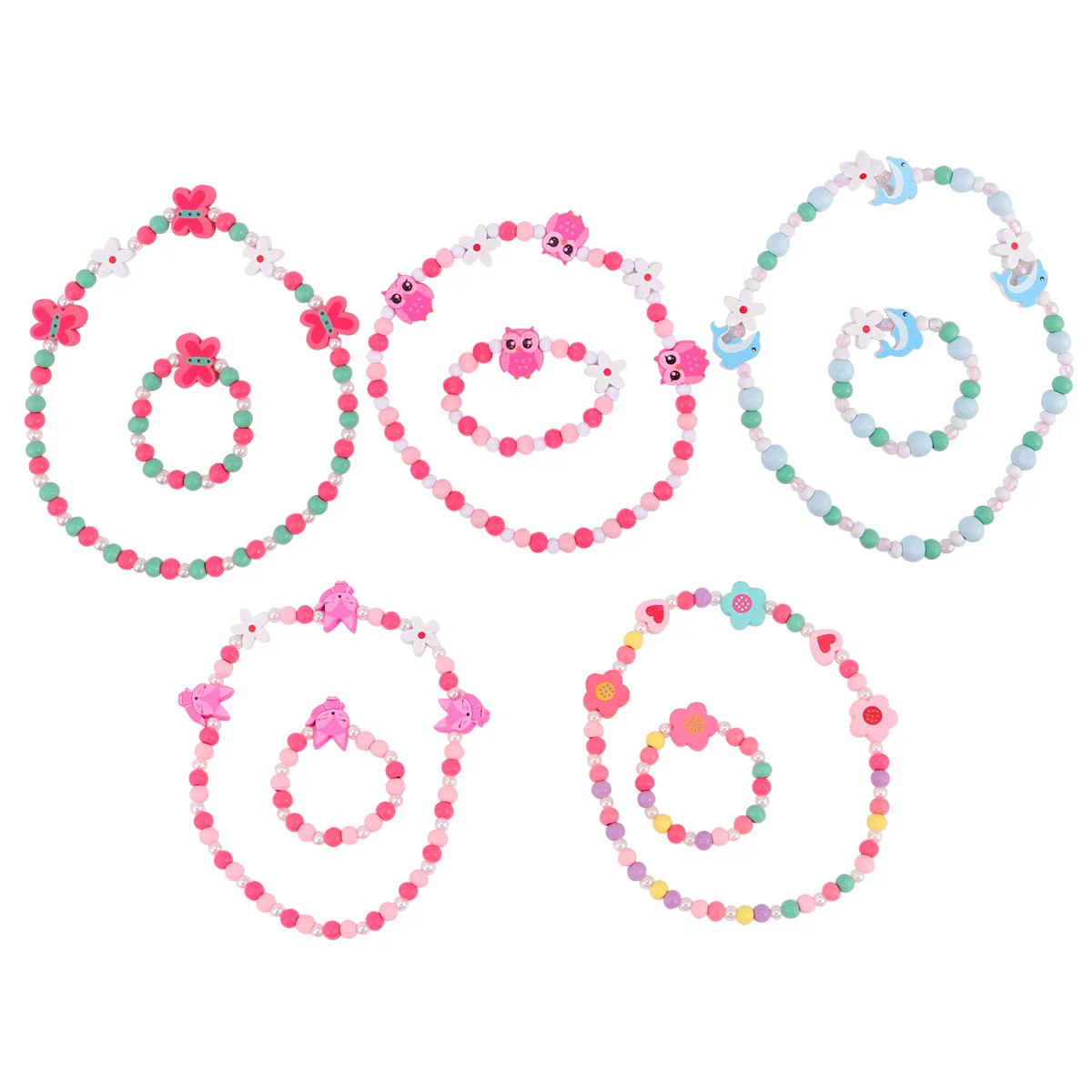 5 Sets Kids Cartoon Beads Necklace Bracelet Set Adorable Jewelry Set Necklace and Bracelet Gift for Birthday Party
