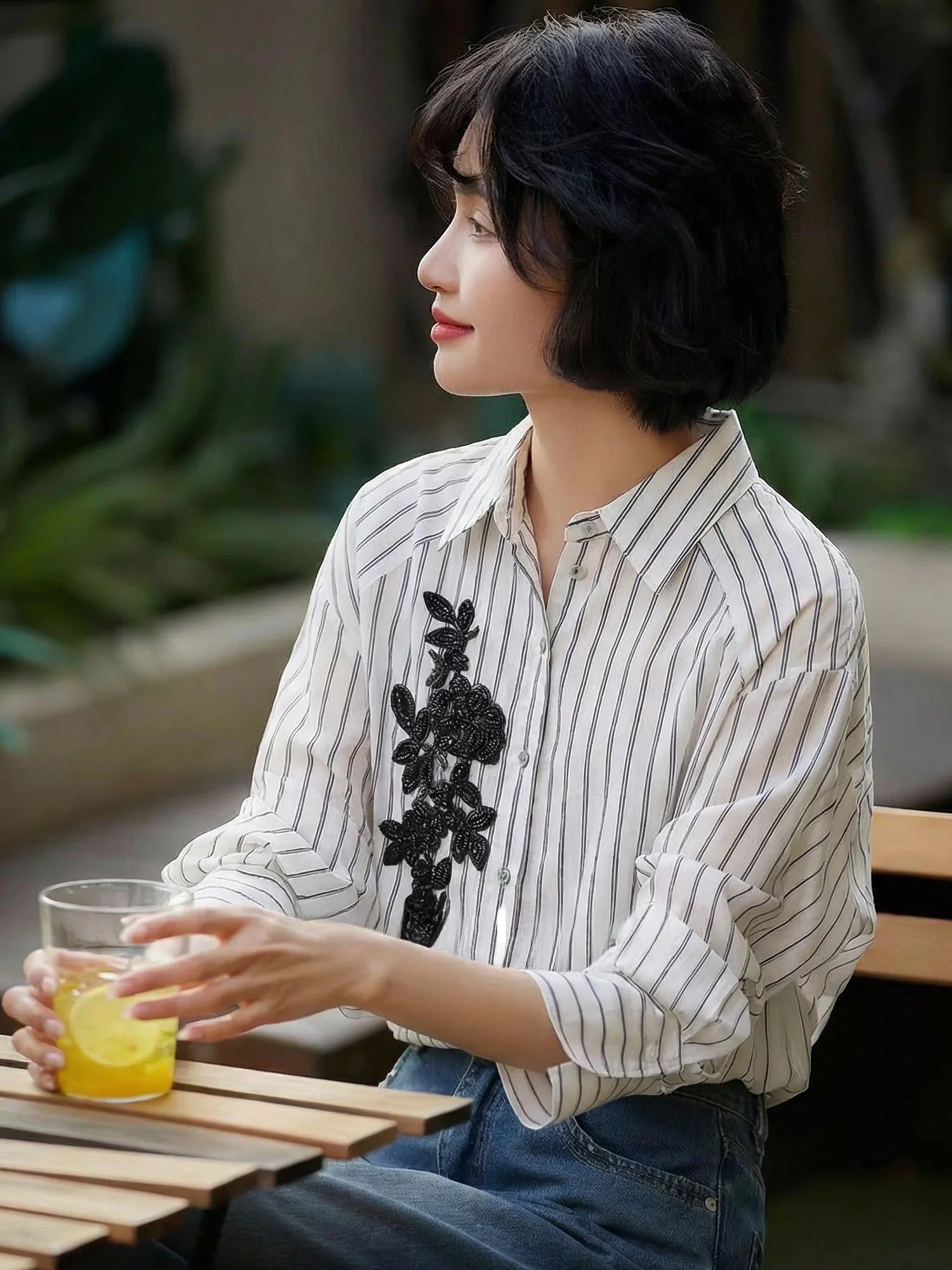 

Ele Embroidered Striped Long Sve irt Women's Commute Faion Spring New Sle Slimming irt Comfortable Breathable ...