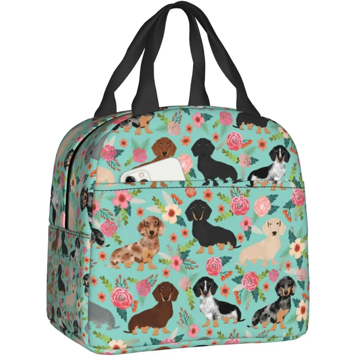 

Sausage Dogs Pink Flowers Lunch Bag Insulated Water-Resistant Tote Bag Reusable Lunch Box For Picnic Travel