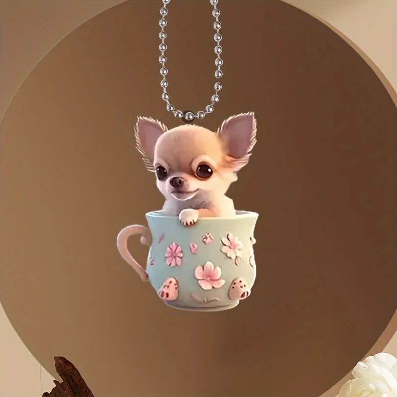 2D シックなチワワキーホルダー子犬ティーカップペンダント