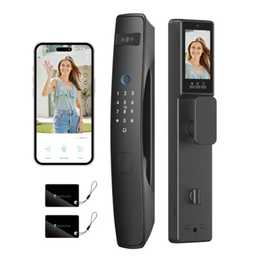 

Front door smart mortise lock with 3D face recognition, dual cameras, palm vein fingerprint keypad, video doorbell, 4 IPS scree