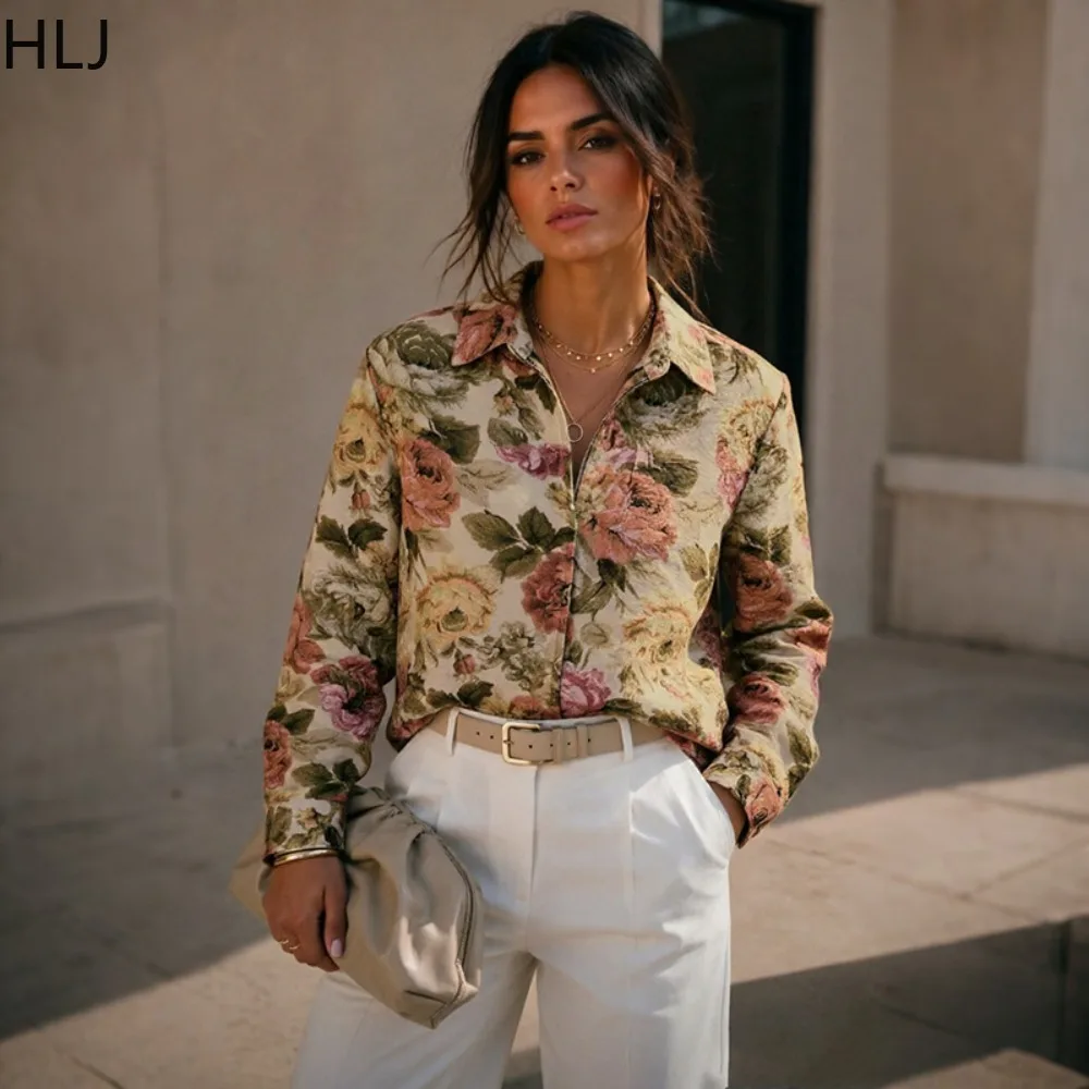 HLJ Vintage Fashion Floral Jacquard Jacket Women Lapel Collar Long Sleeve Zip Blouse Slim Fit Casual Autumn Winter Streetwear