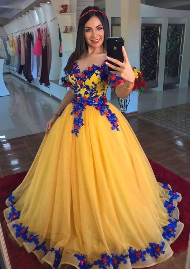 Vestidos de baile de princesa, gola pura, azul royal, apliques de renda, vestido de noite, ouro amarelo, belle, 15 anos