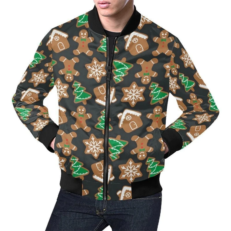 New Christmas Mens Bomber Jacket Gingerbread Man Graphic Funny 3D All Over Print Zip Tracksuits Xmas Boys Casual Zipper Jacket