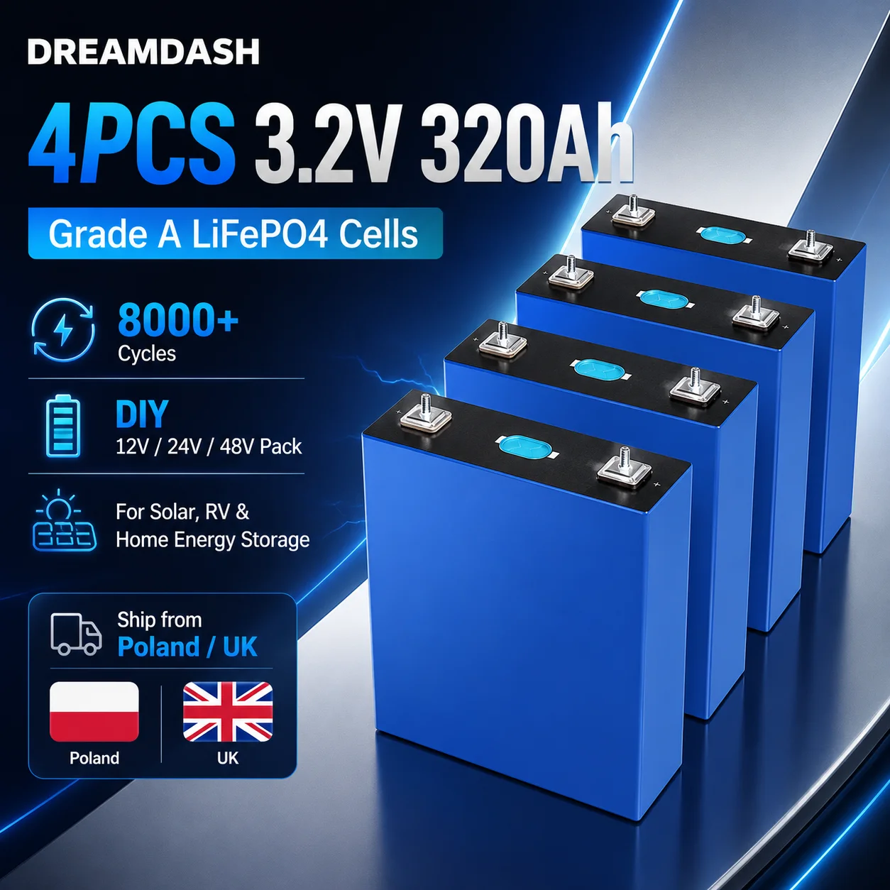 Image of Dreamdash 4 Stück LiFePO4 Batteriezellen 3,2V 320Ah Klasse A Lithium-Eisenphosphat DIY Batteriepack für Solarenergiespeicher, Wohnmobil, Boot, Golfwagen, Camper, netzunabhängiges Notstromsystem,