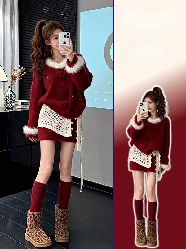 

plus Size Cisas Aosphere Red Soft Knitted Sweater Casual Lazy Sle f Skirt Set Women's Faion Warm Winter Outfit