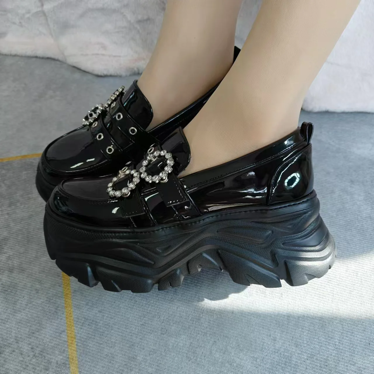 Japanese Mine Style Mass-produced Diamond Double Buckle Black Leather Platform Loafers Slip-ons Kawaii Lolita Shoes For Women