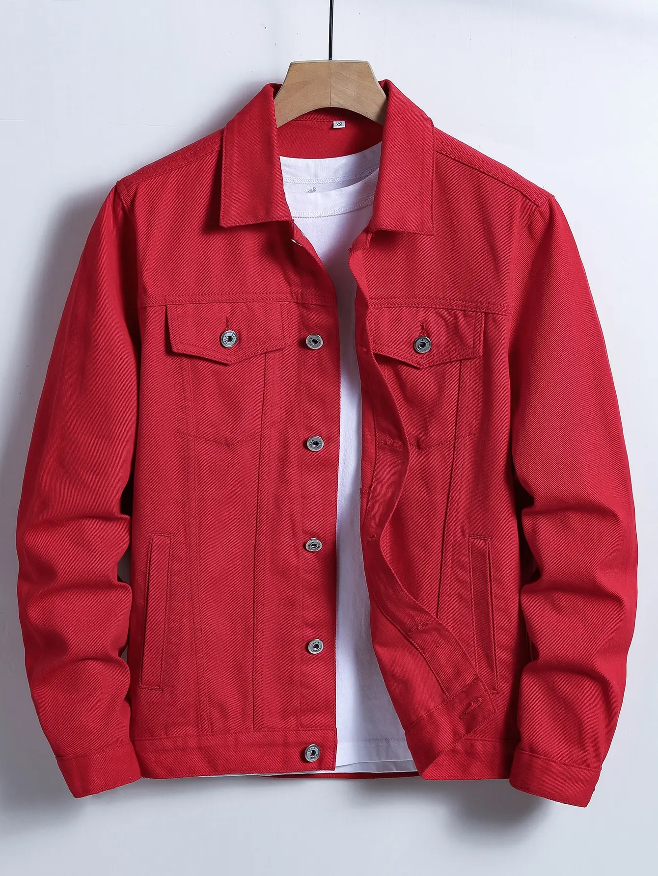 Men's Solid Bright Red Classic Lapel Denim Jacket, Regular Fit Button Down Casual Trucker Coat