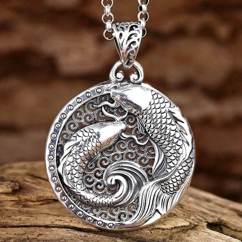 Creative Vintage 925 Silver National Style Glossy Double Fish Necklace for Men and Women New in Hollow Out Round Pendant Jewelry