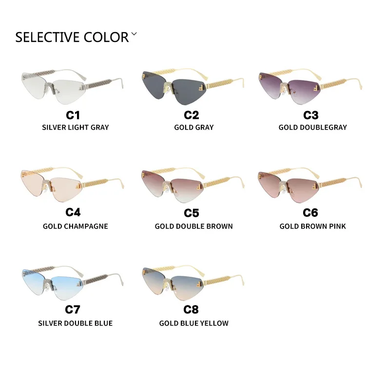 Frauen Sexy Cat Eye Randlose Strass Sonnenbrille Luxus Marke Designer Retro Punk Metall Sonnenbrille männer UV400 Fahren Gläser – Detail 5