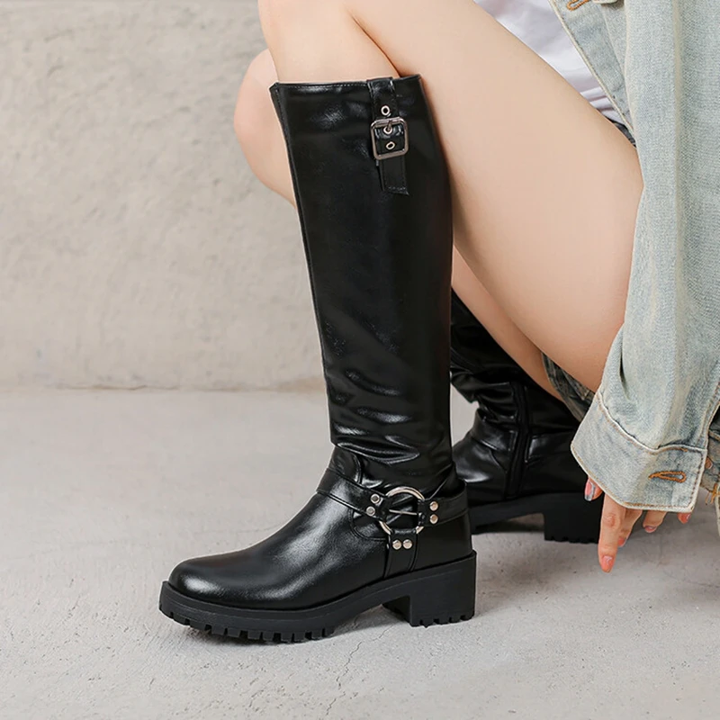 SIMLOVEYO Women's Knee Boots Round Toe 4.5cm Block Heels Platform Wide Leg Friendly Fashion Daily Style Big Sizes 43 Black Hot