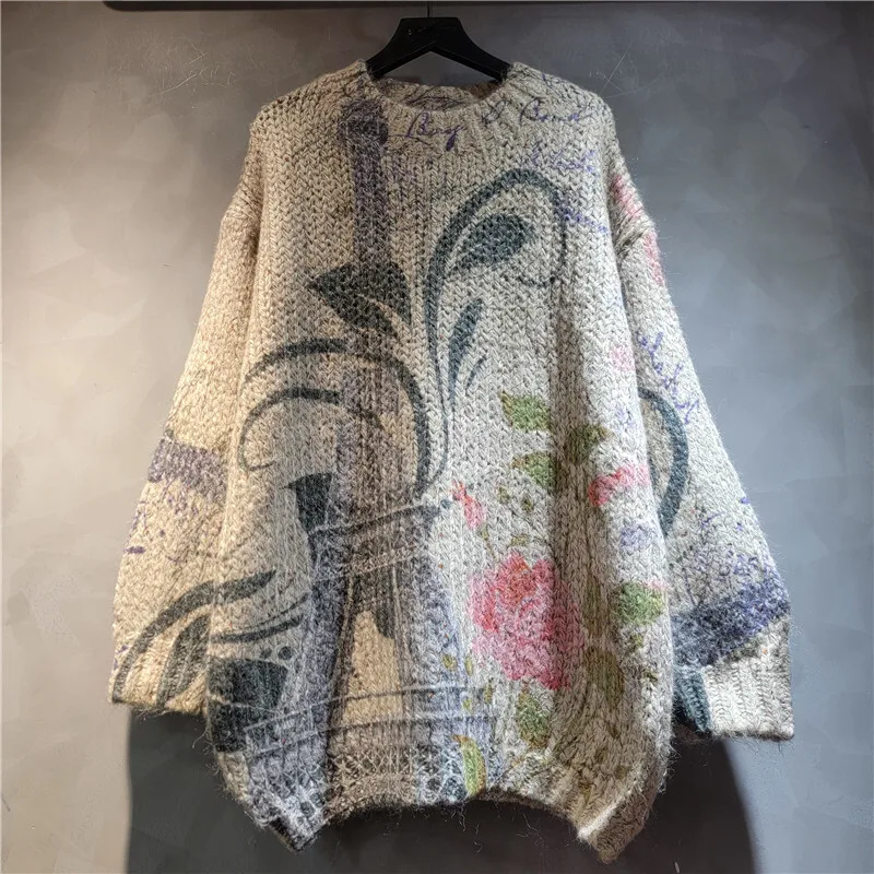 WTHT mode femmes dessin animé impression conception pull en tricot ample 2025 automne à la mode col rond manches longues pulls femme 1LS2571