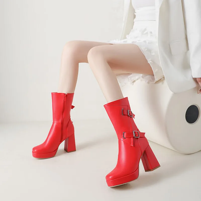 Winter Round Toe Platform Block Heel Mid Calf Fashion Boots Metal Buckle Solid PU Leather Height Increasing Casual Boots F179