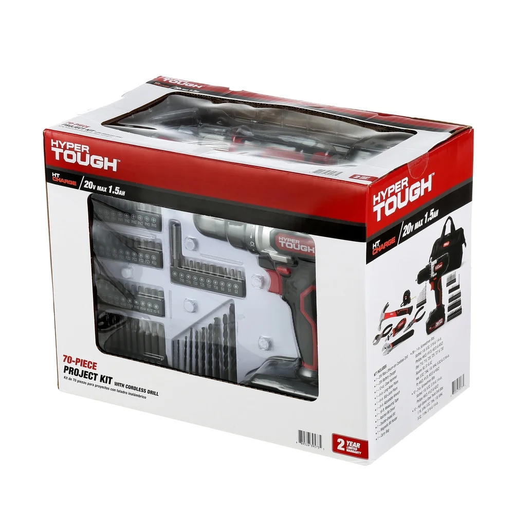 20V Cordless Drill 70 Piece Tool Set Lithium-Ion Battery Charger Keyless Chuck LED Light Storage Bag Magnetic Bit Holder