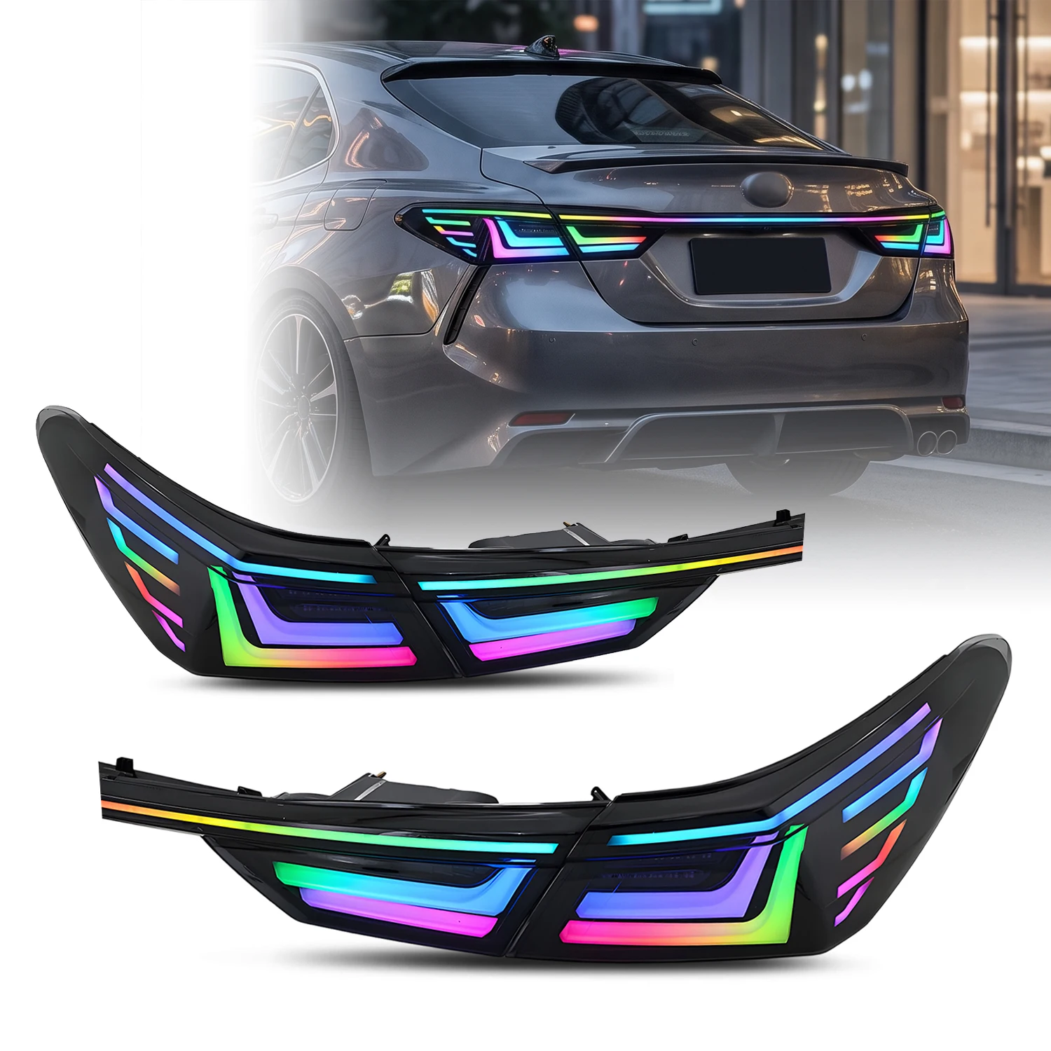 HCMOTIONZ RGB LED Tail Lights for Toyota Camry 2018-2024 XV70 Lexus Style Remote Control Animation Sequential White Housing