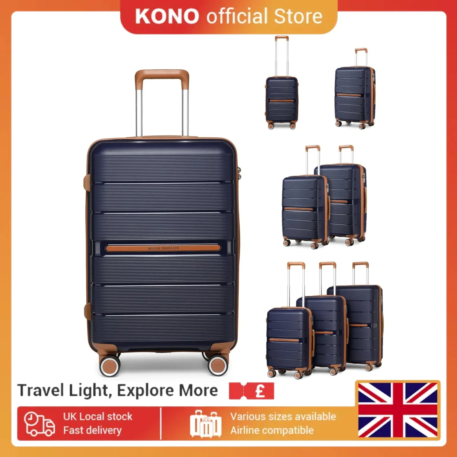 Bagaje de cabina grande British Traveller: maleta rígida de 20"/24"/28" con 4 ruedas giratorias y cerradura TSA | Carry On/Checked