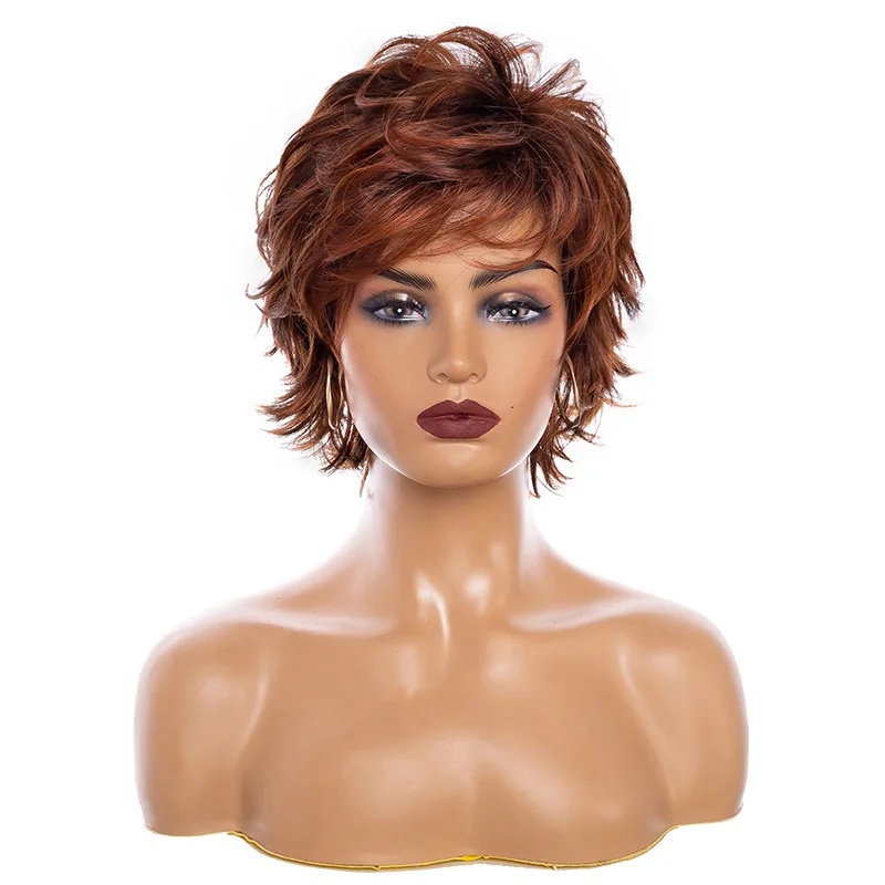 

European and American new fashion short curly hair brown red chemical fiber mechanism wig women's head cover short hair wig