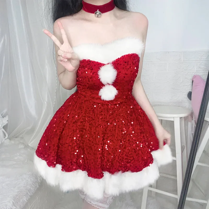 2022 Christmas Dress Sexy Pink Red Sequins Lingerie Dress Bunny Girl Off Shoulder Anime Santa Claus Princess Cosplay Costumes