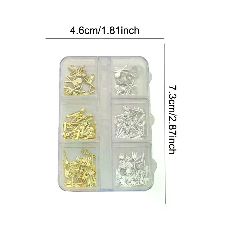 6グリッド/ボックス入りミックスゴールドシルバーミニフォークスプーン食器合金ネイルアートラインストーンデコレーションマニキュアキュアチャームアクセサリー