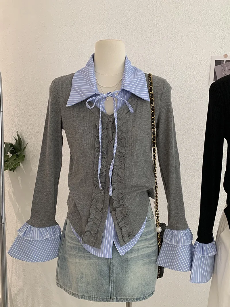 

Новинка осени: Женская модная рубашка Slim Fit в полоску, имитация двойки, в американском студенческом стиле, для больших размеров (до 220 фунтов)