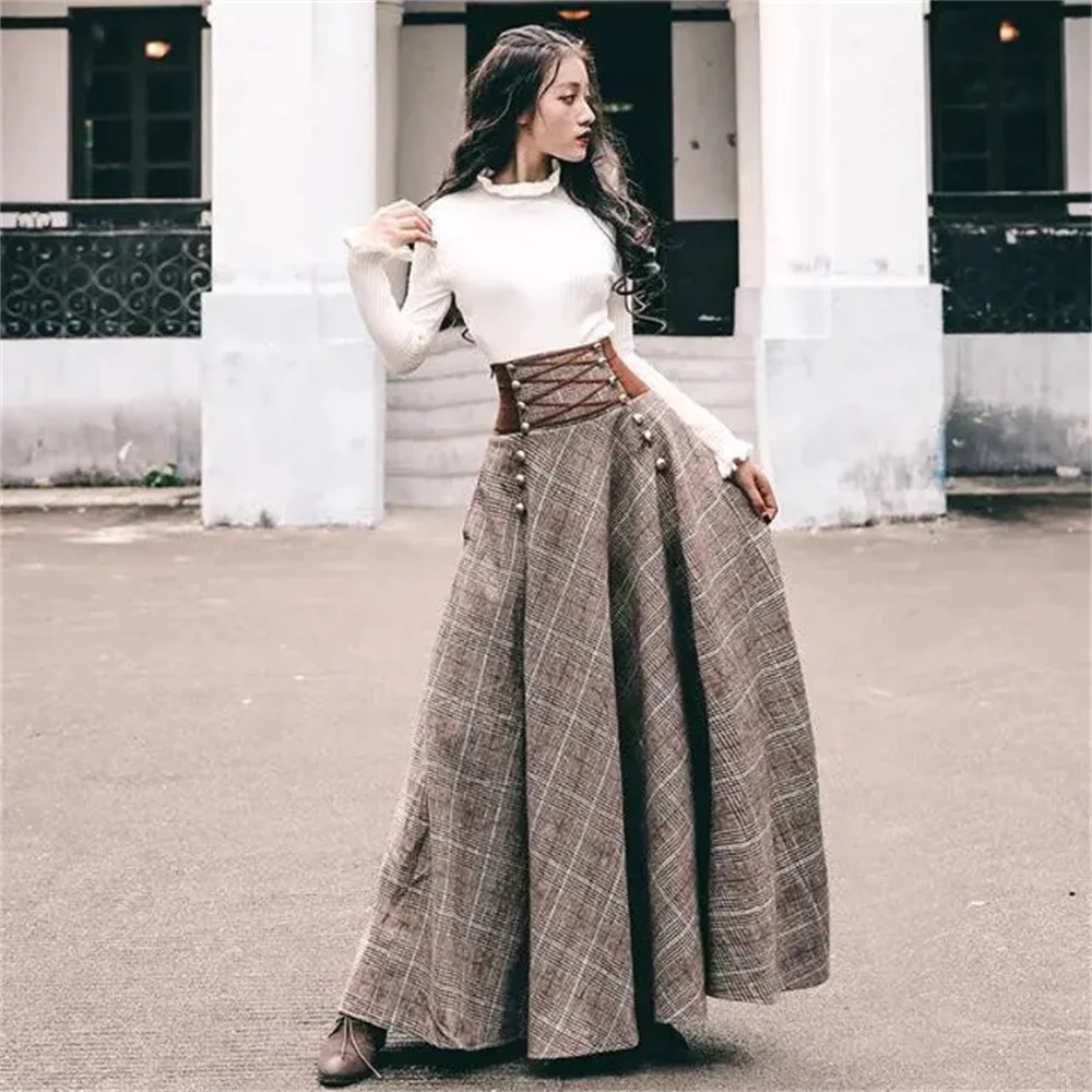 Vintage Plaid High Waist Long Skirt Women Autumn Winter A Line Front Midi Skirt Retro Checkered Pencil Skirt Fashion Streetwear
