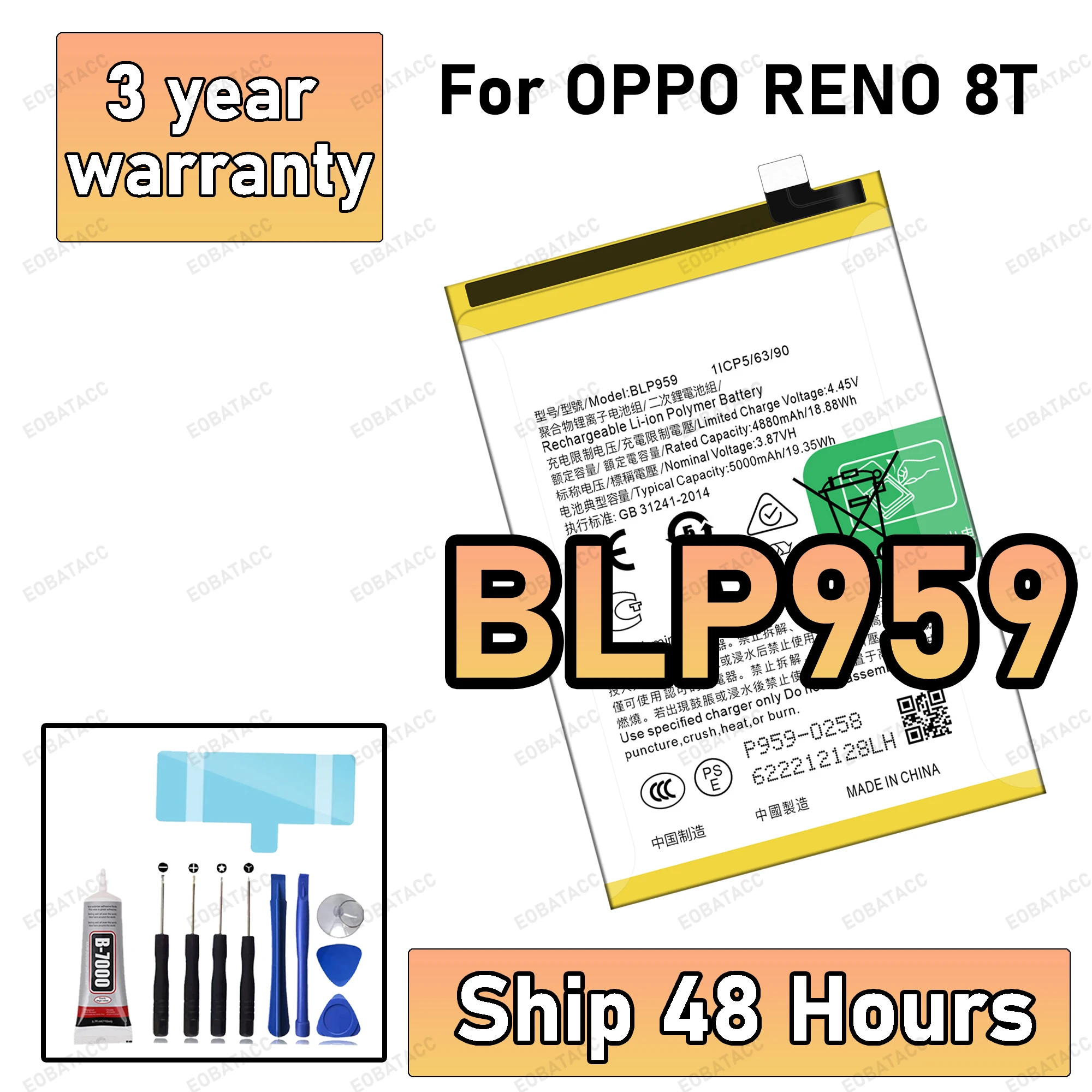 

100% New High Quanlity BLP959 Replacement Battery For OPPO RENO 8T Phone Batteries+Free Tools