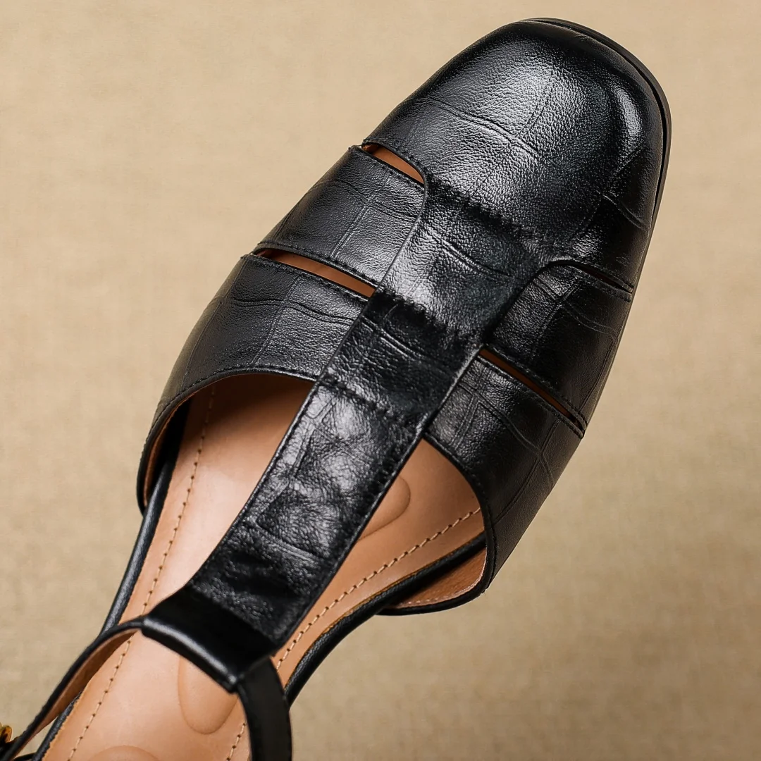 danxuefei Women's stone pattern cow leather narrow band braided t-strap sandals elegant ladies 4.5cm thick med heel OL pumps hot - Image 5