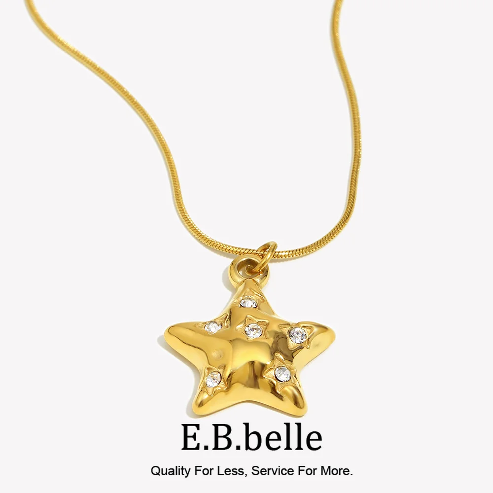 E.B.belle Gold Color Rhinestone Cute Star Pendant Necklace Stainless Steel 18K Gold Plated Women's Party Neck Jewelry Gifts