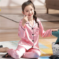 Girls Nightgown Spring Autumn Children's Loungewear Long Sleeve Satin Kids Sleepwear Solid Lapel Boys Pajama Sets Toddler Pyjama