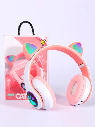 P47M Wireless Headphone Flash Light Cute Cat Bluetooth with Mic Control LED Stereo Music Helmet Phone Bluetooth Headset Gift