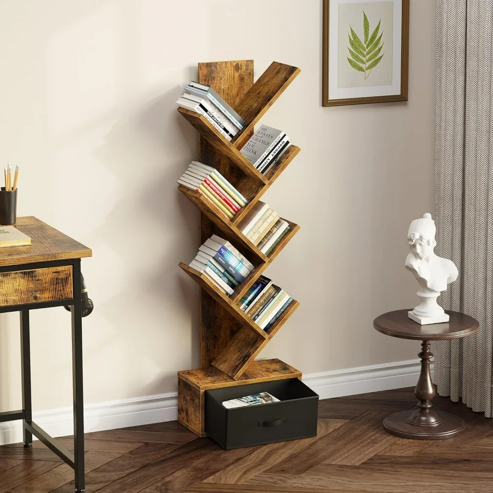 7 Tier Tree Bookshelf  Drawer Storage Rack Tall Narrow Standing Bookcase for s Movies Books Living Room Rustic Brown