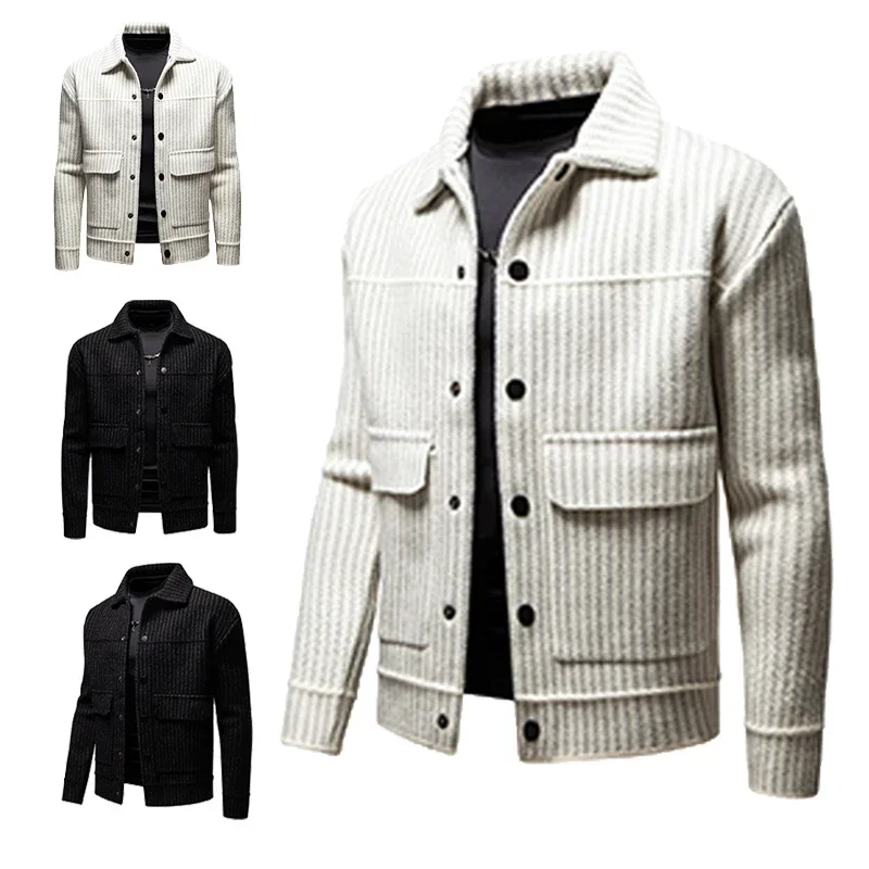 Men's Stylish and Casual Vertical Striped Jacket, Featuring A Comfortable Shopping Collar, Large Pockets, and A Lapel Design.