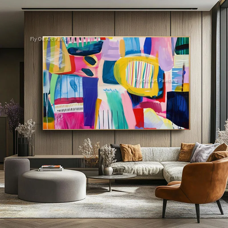 

Модная картина на холсте: сине-желто-розовый пейзаж, ручная роспись, новый дизайн, декор для дома, простые зеленые, розовые, оранжевые элементы, масляная живопись