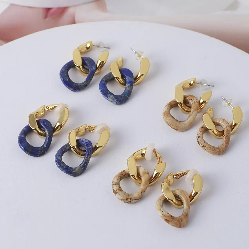 

Classic Simple Geometric Irregular Natural Stone Detachable Circle Hoops for Women, Lapis Lazuli Circle, Picture Stone Earrings