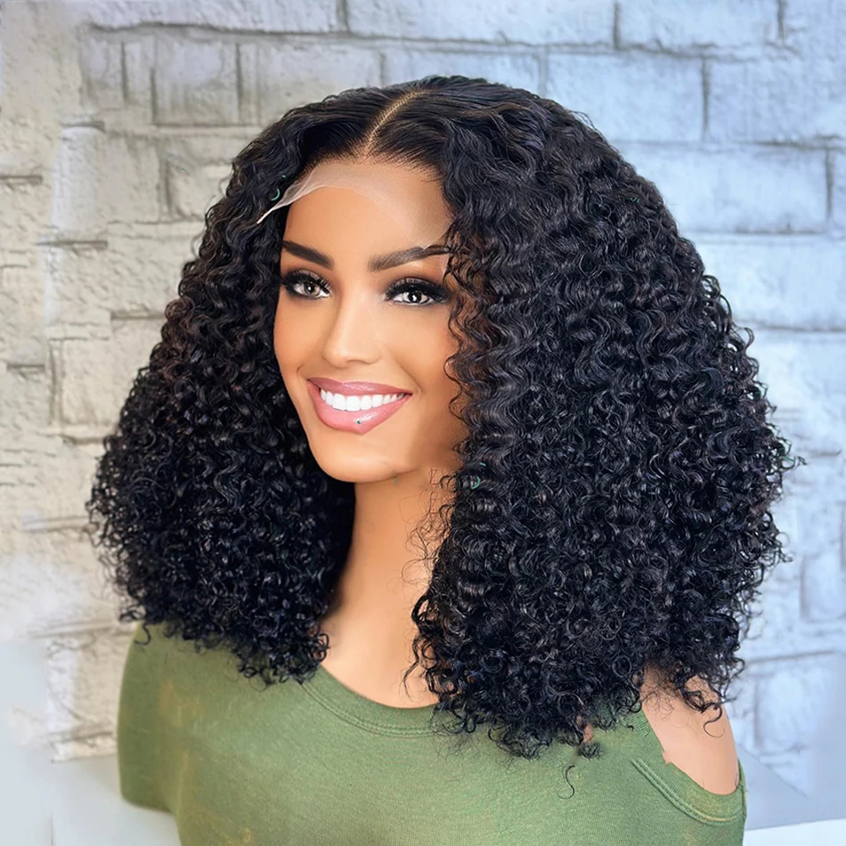 Soft 180Density Short Cut Bob Kinky Curly Natural Black Deep Lace Front Wig For Women With Baby Hair Glueless Preplucked Daily