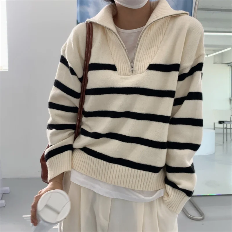 Autumn Korean Striped Zipper Lapel Casual Short Pullover Knit Sweater Coffee Color White Loose Long Sleeve Knit Tops Pull Femme