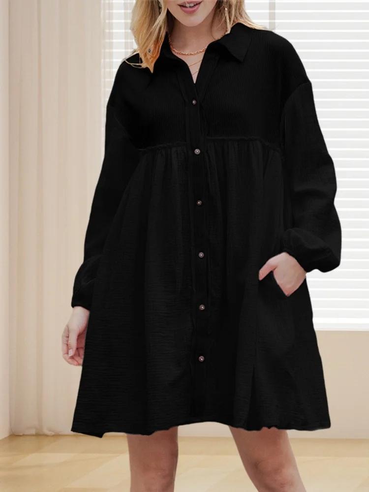 

Casual Patchwork Loose Skirt Women Autumn New Single-Row Multi-Button Long-Sleeved Dress