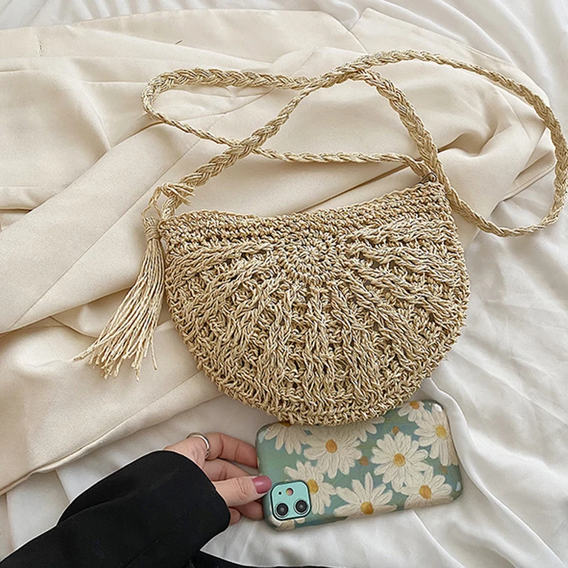 Mode Halbkreis Stroh Gewebt Schulter Umhängetasche Reise Kleine Handtasche Damen Sommer Handgemachte Rattan Quaste Design Strand Tasche – Detail 19