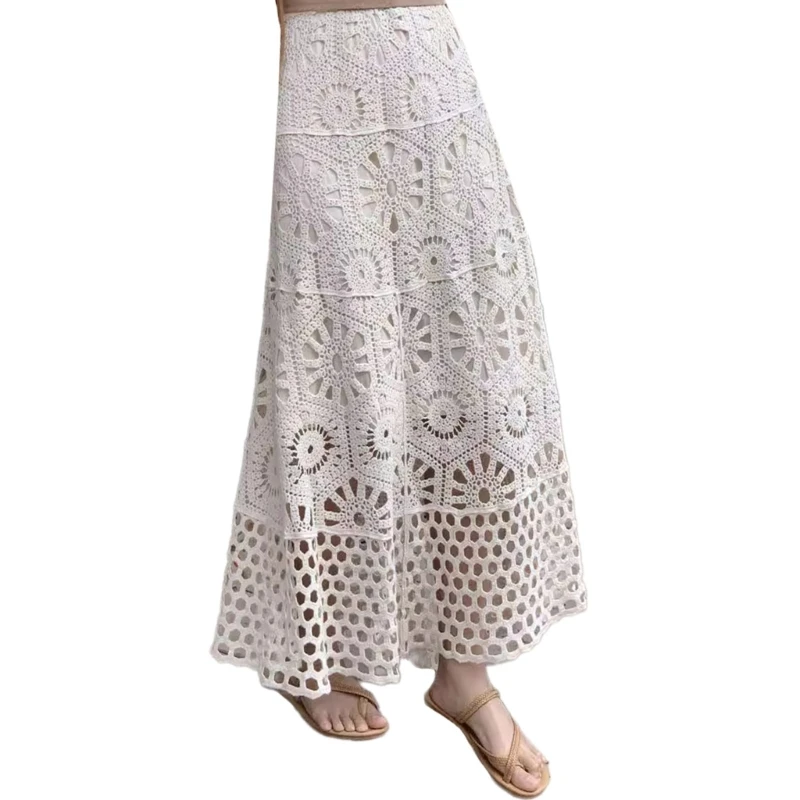 Womens Hollow Out Crochet Knit Flower Elastic High Waist Beach Flared Long Skirt P8DB