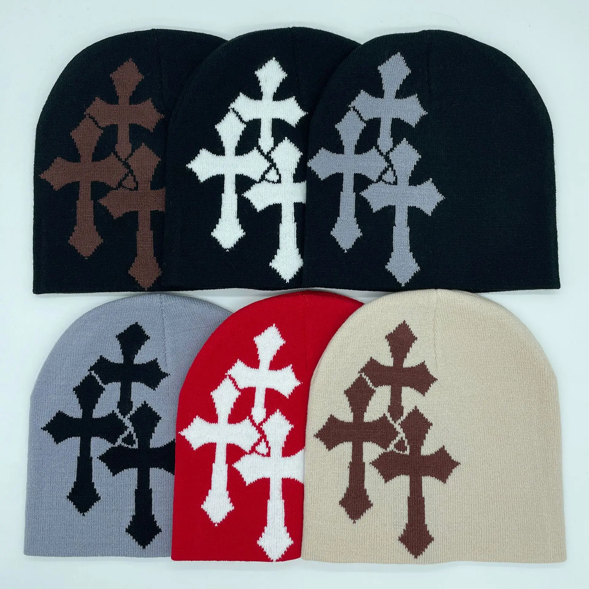 Cross Pattern Hat Fashion Knit Hat Gothic Three Cross Beanie Hat Outdoor Sport Hat Winter Warm Hat Pullover Cap