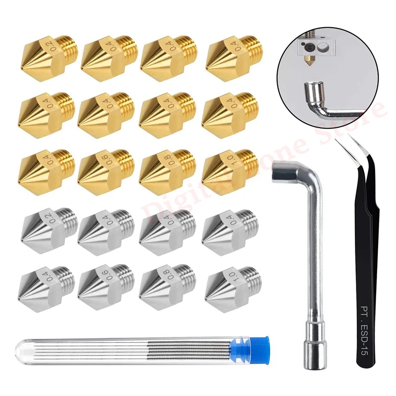 

3D Printer MK8 Stainless Steel & Brass Nozzles 0.4mm, 0.2 0.3 0.5 0.8 1.0mm with Wrench, Cleanning Needles Set for Ender 3 CR10