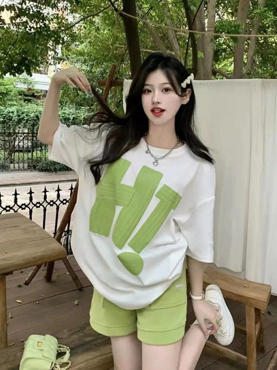 

Korean Style Casual Loose T Shirt Women's Short Sets 2 Pieces Summer Fashion 2025 New in Matching Tailoring Full Female Shorts