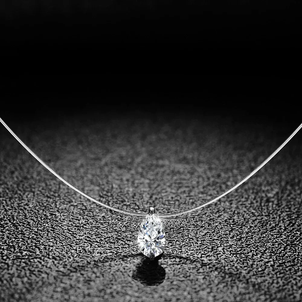 Pear Cut Solitaire Moissanite Diamond Pendant Necklace with GRA Certificate Invisible Fishing Line Waterdrop Necklaces for Women