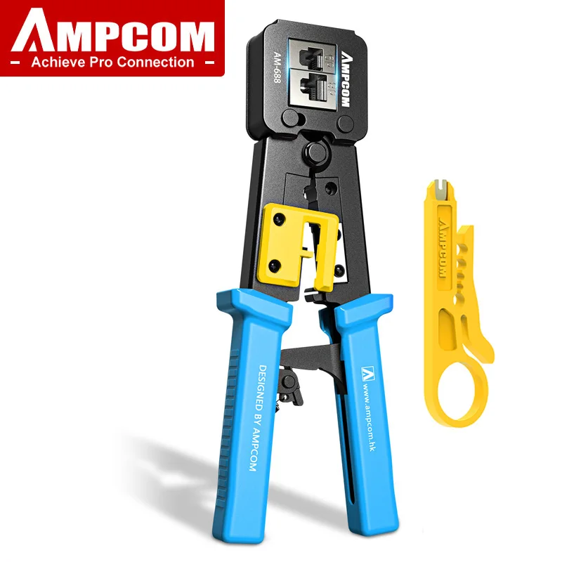 AMPCOM RJ45 Crimp Tool Pass Through Cat5 Cat5e Cat6 Crimper Cutter Stripper for RJ45 RJ12 RJ11 8P 6P End Pass Through connector