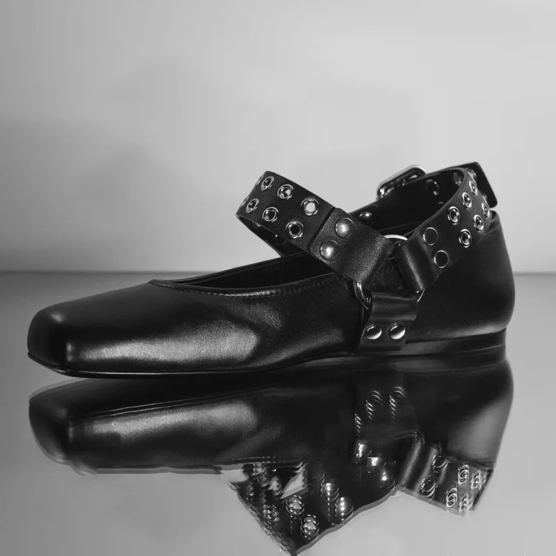 

Cowhide Ballet Flats Shoes Woman French Square Head Shallow Mouth Mary Jane Shoes Women's New Retro Outer Wear Leather Shoe