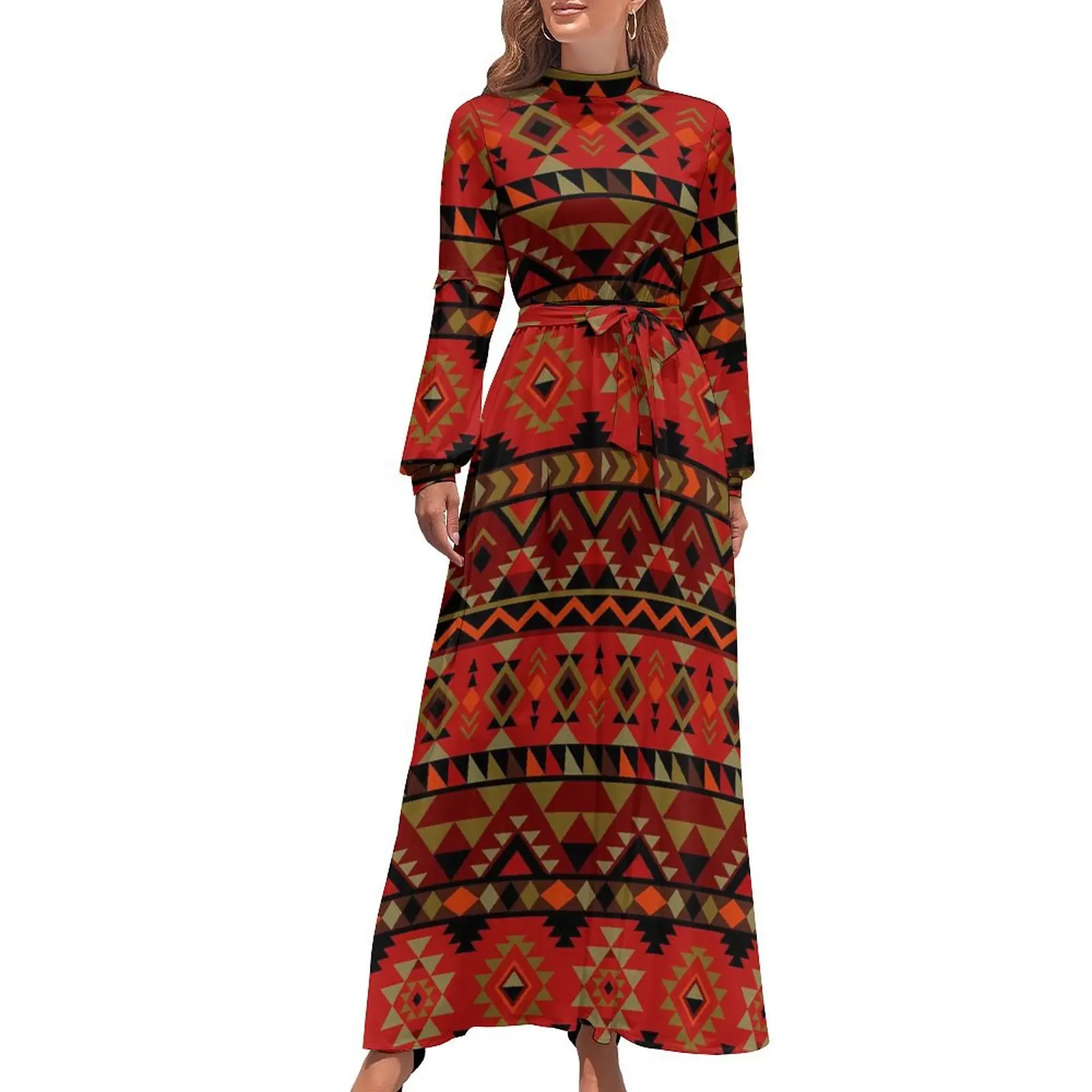 

Vintage Ethnic Dress Red Aztec Print Street Wear Bohemia Dresses Womens Long Sleeve High Waist Kawaii Long Maxi Dress